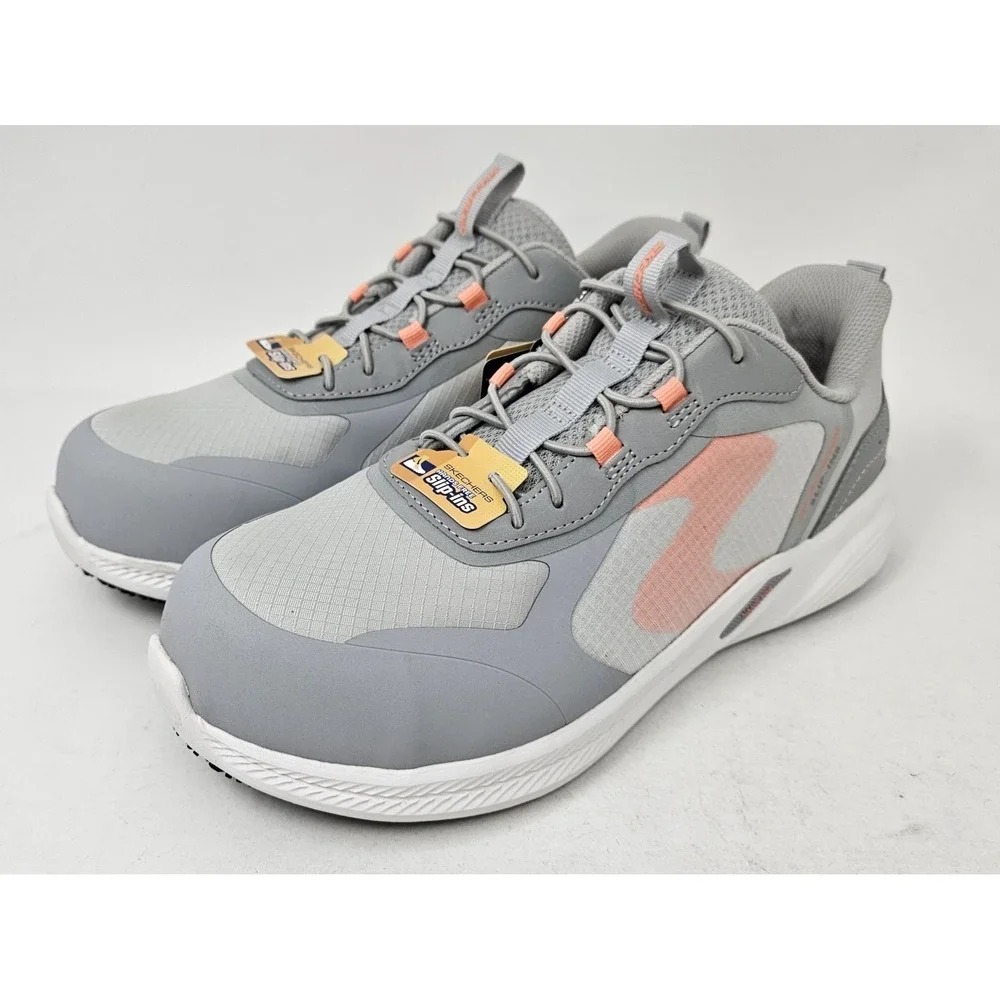 Skechers Work Carbix Yunia Slip-In Work Shoes Gray/Coral Women's Sz‎ 8 NEW/BLEM